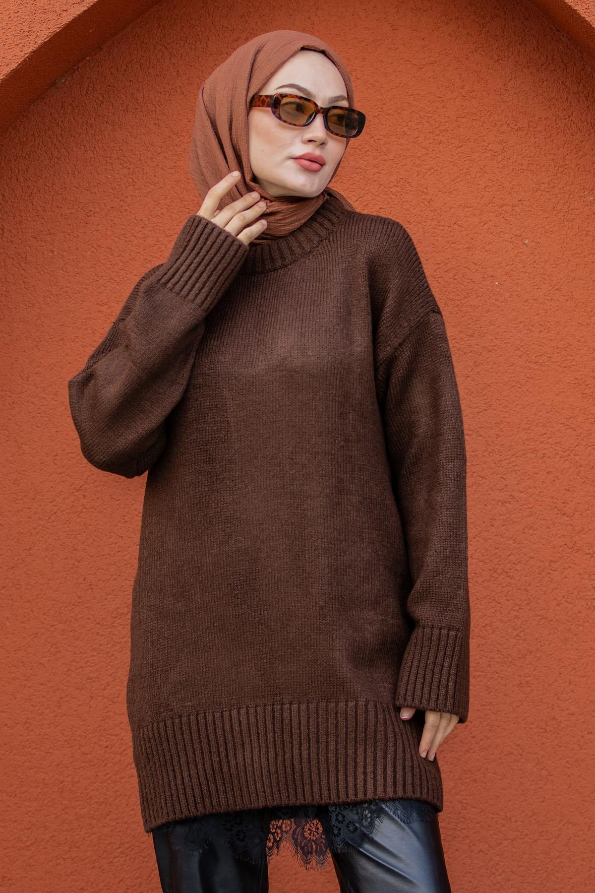 Yumoş Yün Triko Örme Kazak-Kahve