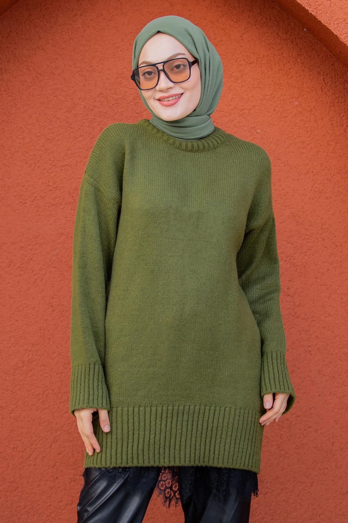 Yumoş Yün Triko Örme Kazak-Yeşil