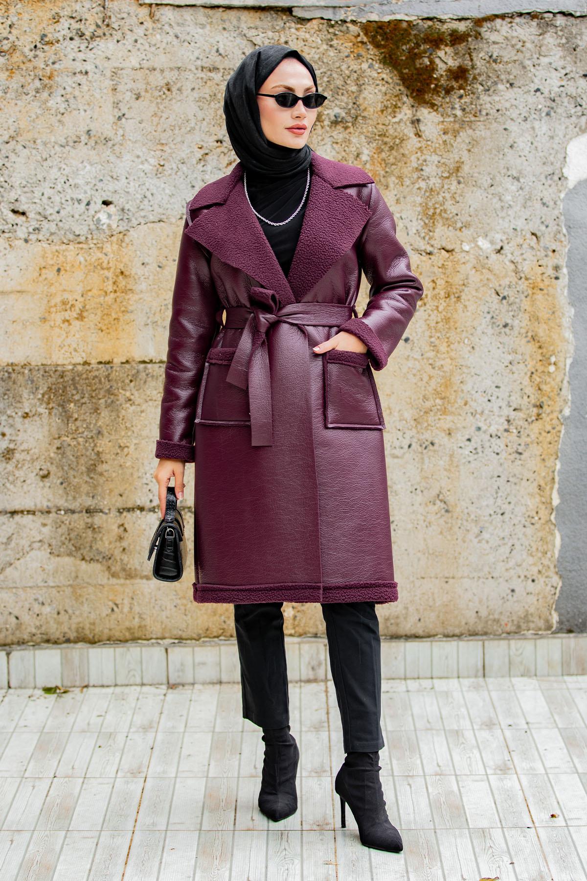 Yün Kaplamalı Deri Kaban-Bordo