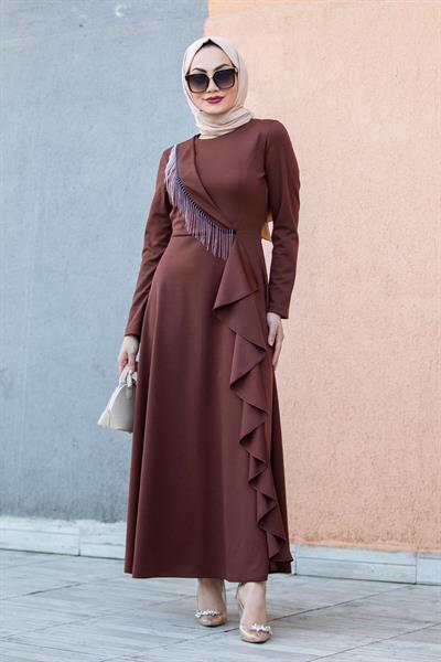 Fulya Zincir Detaylı Özel Gün Elbisesi-KahveRengi