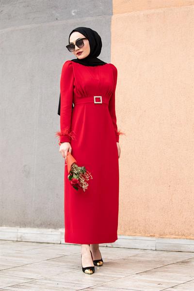 Jely Tüy Kol Detay Özel Gün Elbisesi-Kırmızı