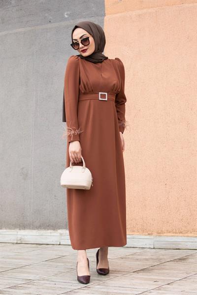 Jely Tüy Kol Detay Özel Gün Elbisesi-Kahverengi