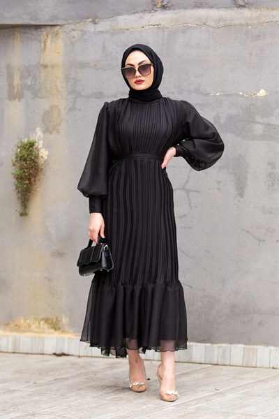 Mindy Drapeli Özel Gün Elbisesi-Siyah
