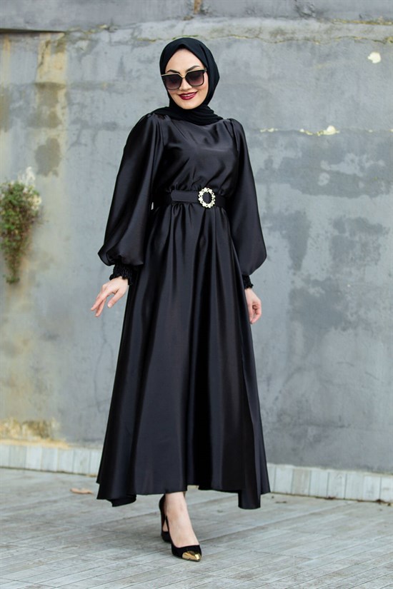 ALİCE Saten Gipeli Özel Gün Elbisesi-Siyah