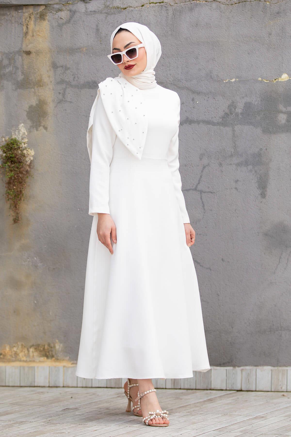 Alin Omuz Detaylı Özel Gün Elbisesi-Beyaz