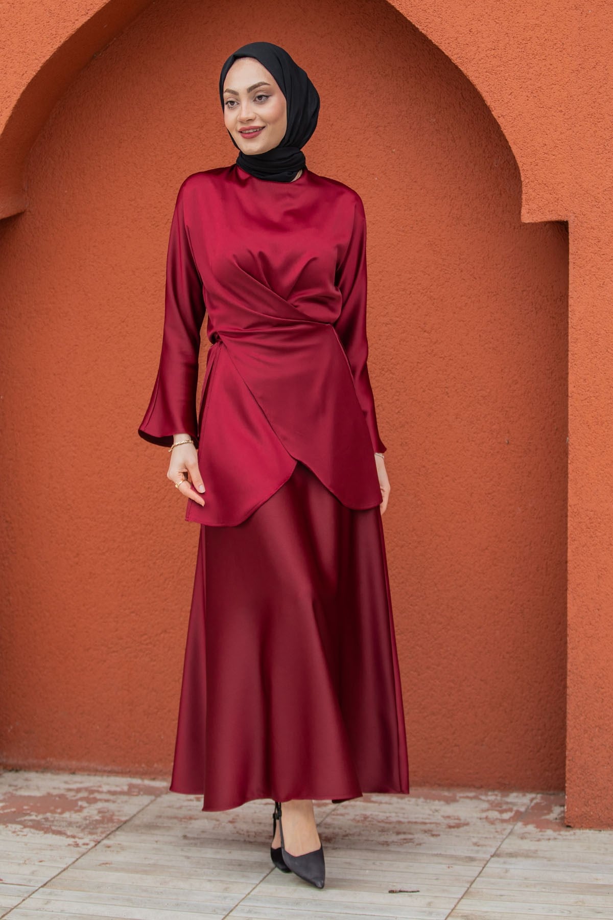 Alice Saten Etek Bluz Abiye Takım-Bordo