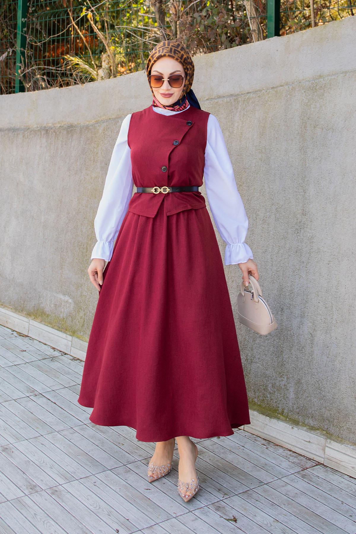 Ally Keten Yelek Etek Takım-Bordo