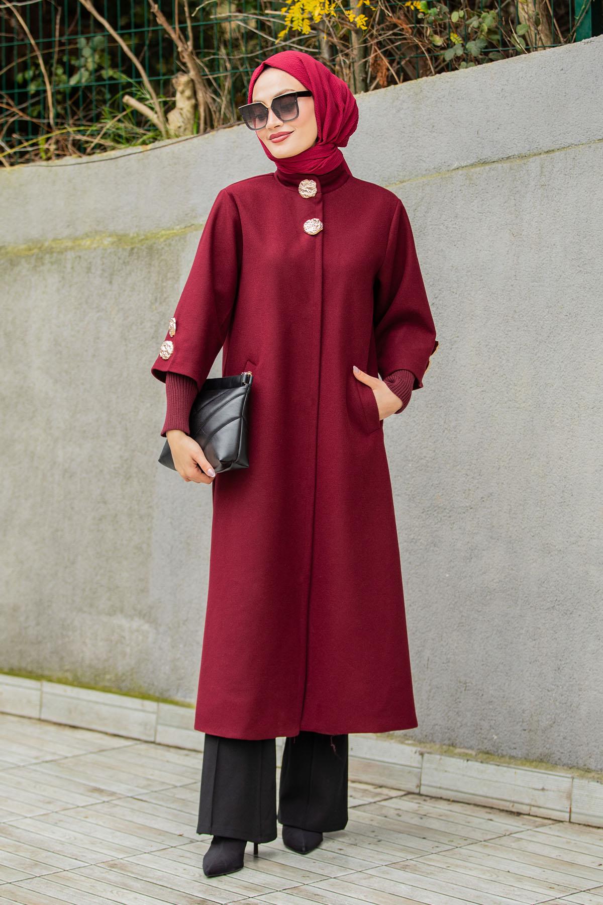 Amour Premium Kaşe Ribanalı Kaban-Bordo