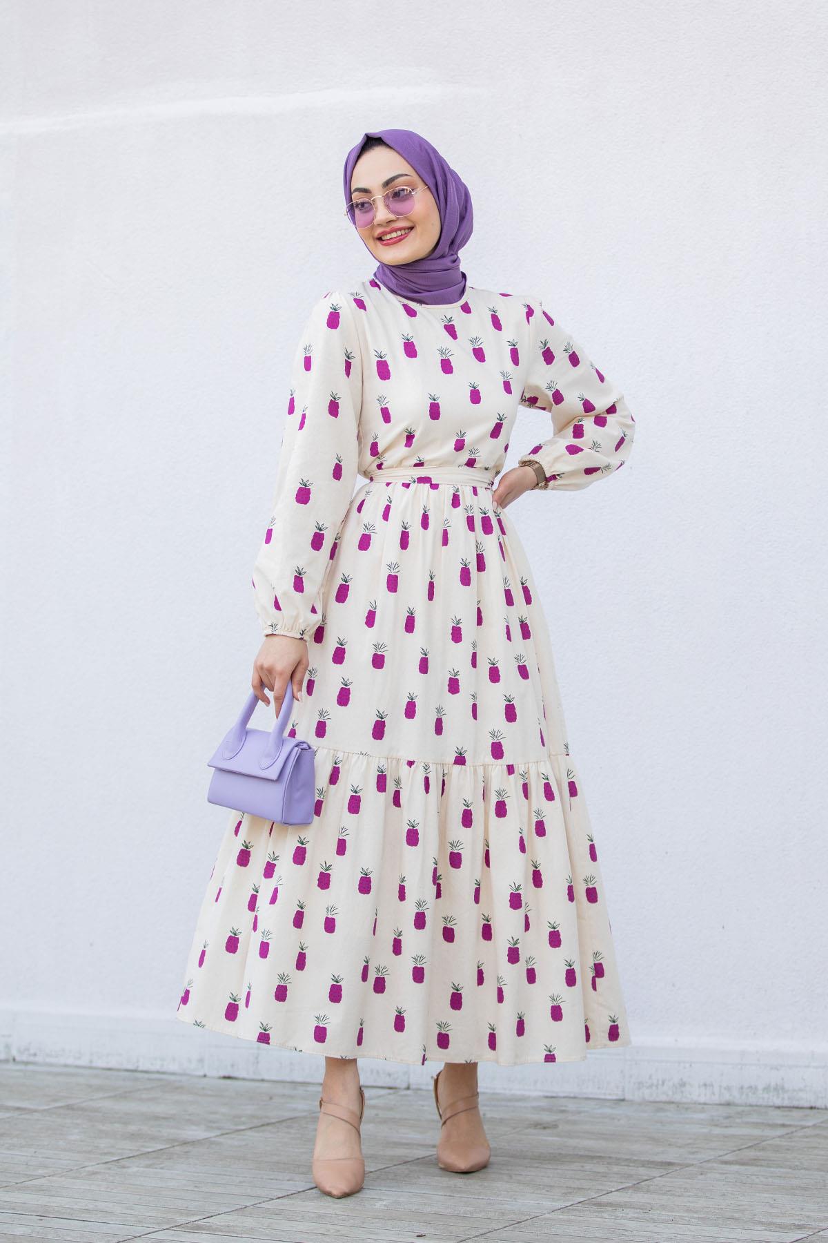 Ananas Desenli Ham Keten Elbise-Pembe