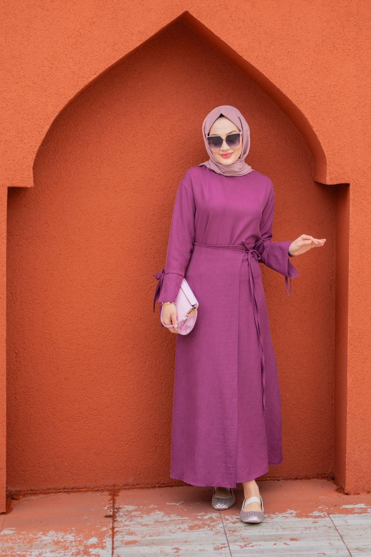 Anvelop Bağlamalı Etek Bluz Takım-Mor