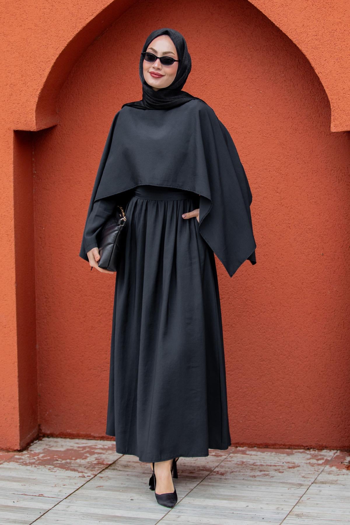 Aris Modal Krep Pelerin Elbise-Siyah