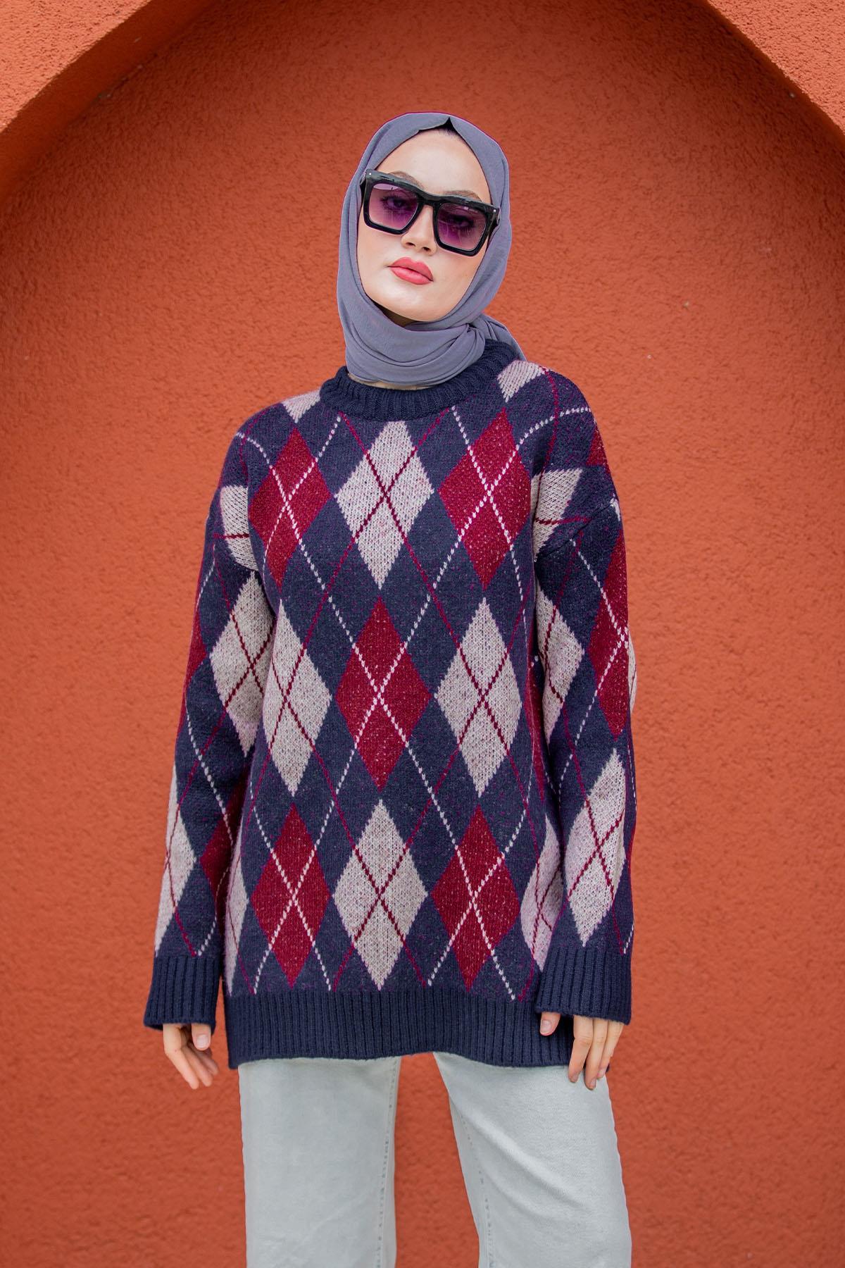 Baklava Desenli Yumoş Yün Triko Kazak-Laci