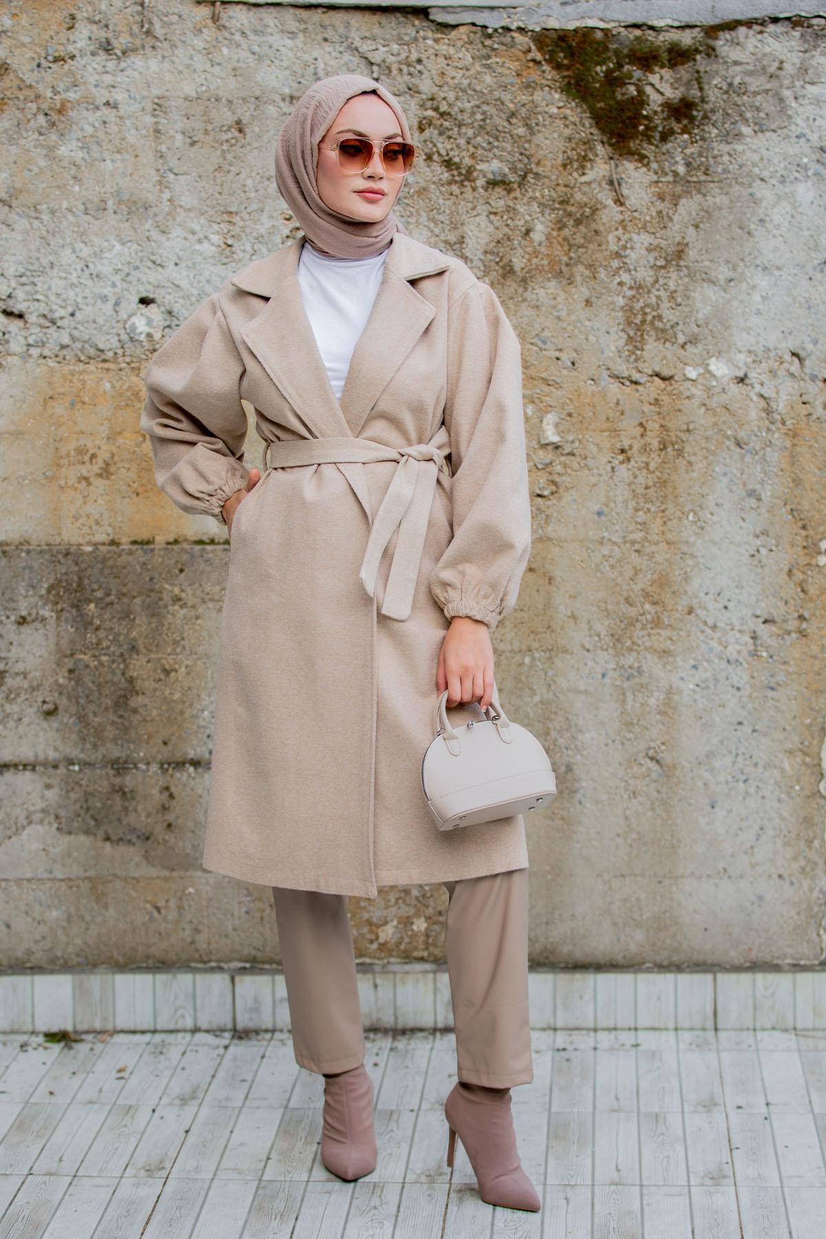 Balon Kol Astarsız Yün Kaşe Kaban-Bej