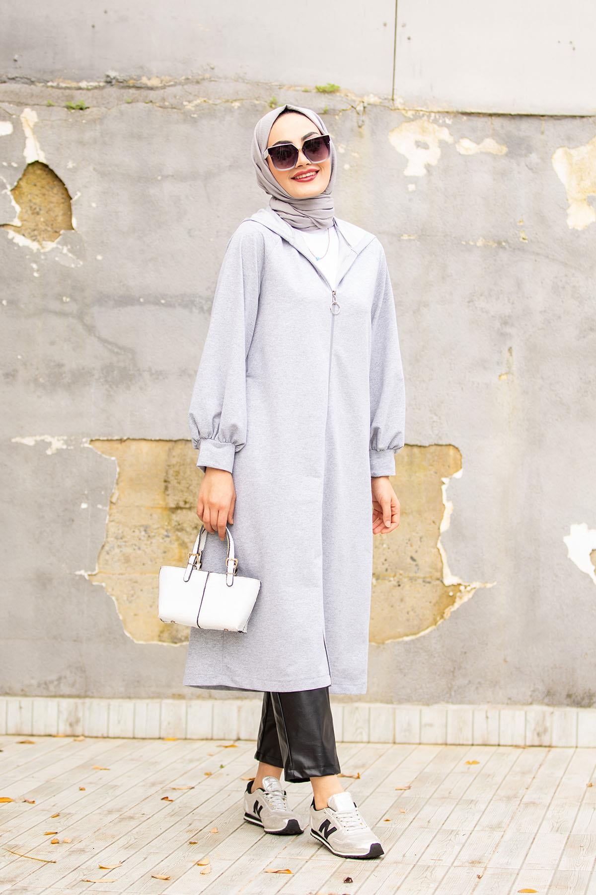 Basic İki iplik Spor Hırka-Gri