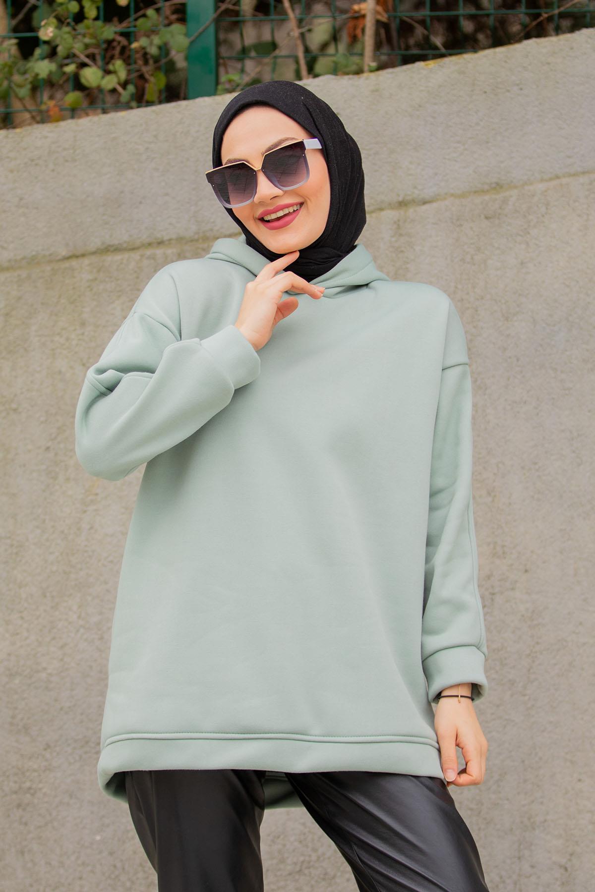 Basic Kapüşonlu Üç İplik Şardonlu Sweatshirt-Mint