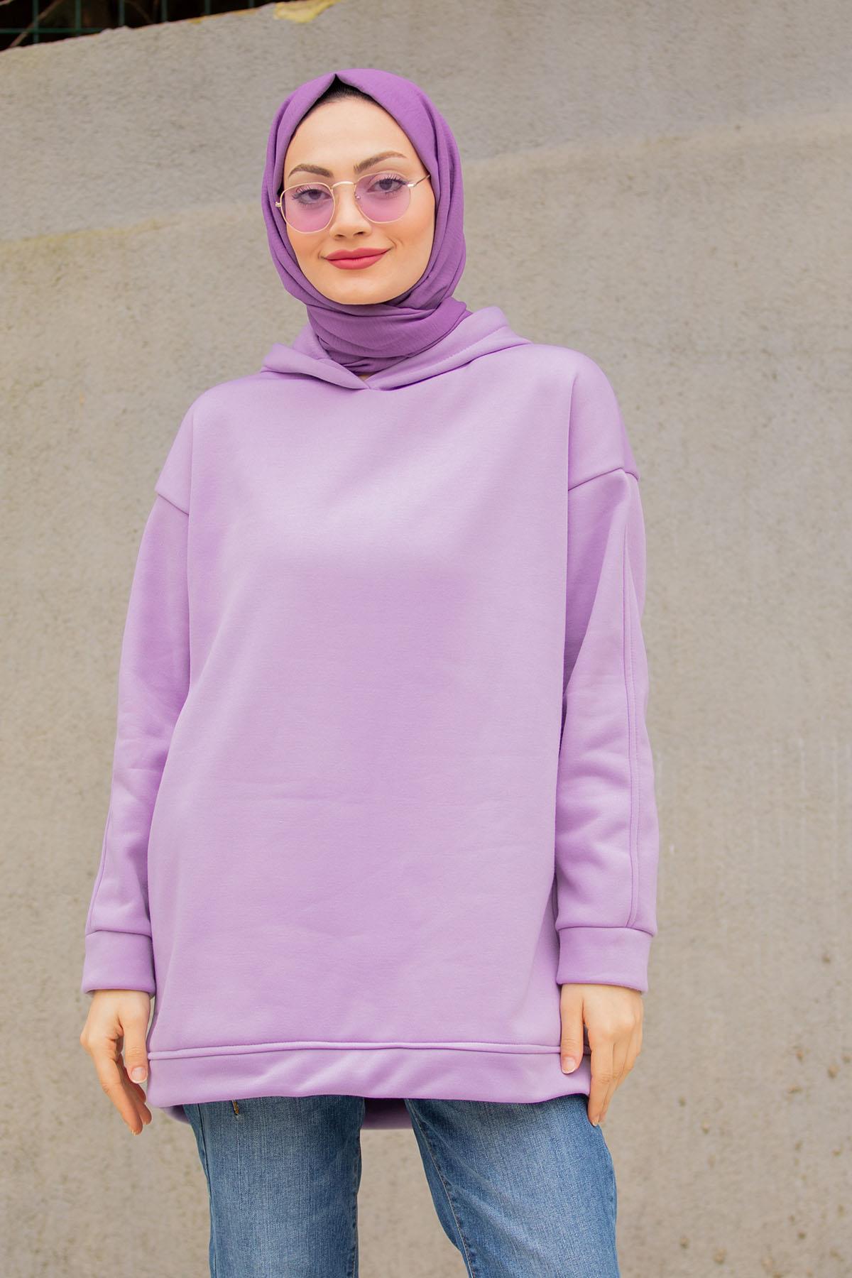 Basic Kapüşonlu Üç İplik Şardonlu Sweatshirt-Lila