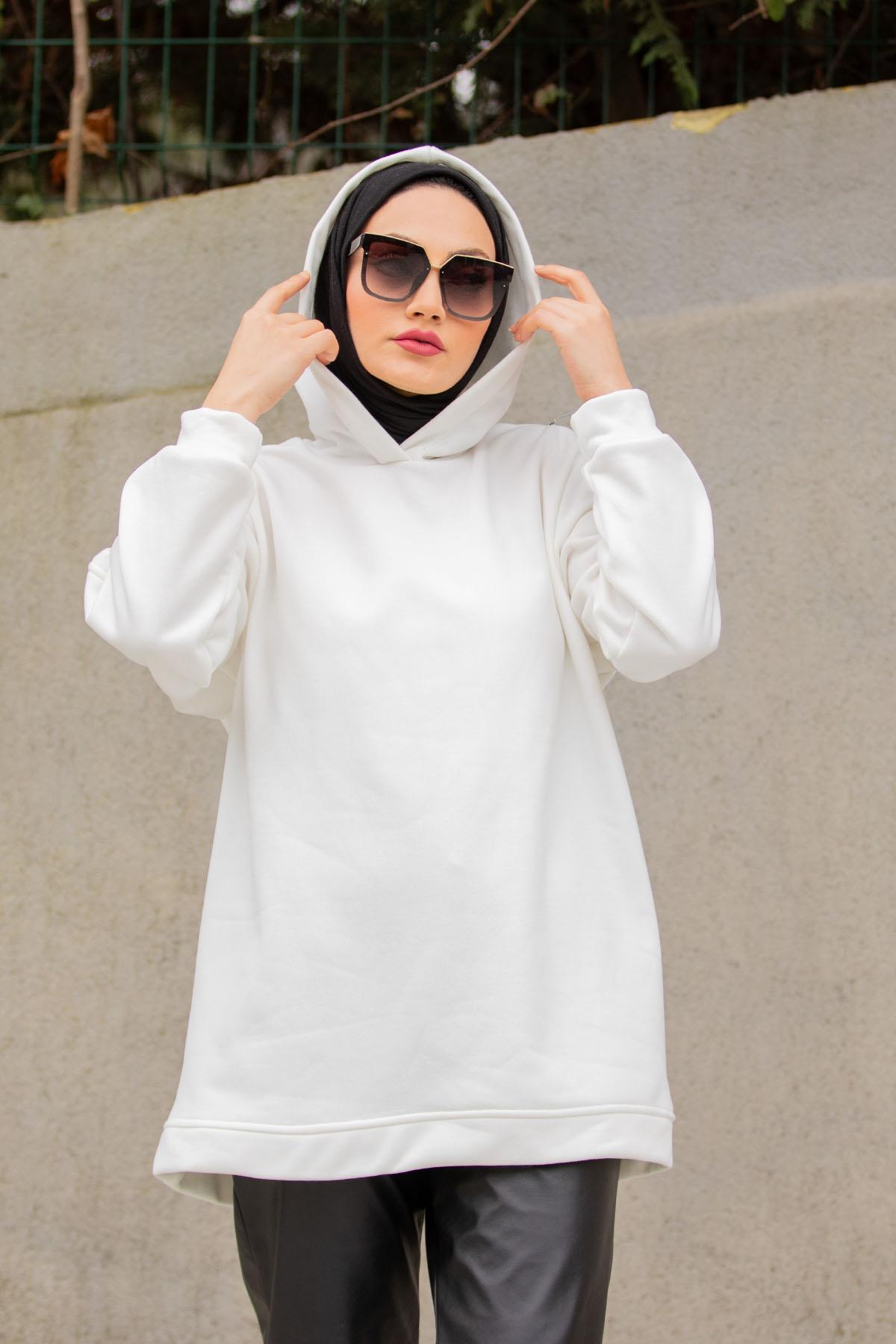 Basic Kapüşonlu Üç İplik Şardonlu Sweatshirt-Beyaz