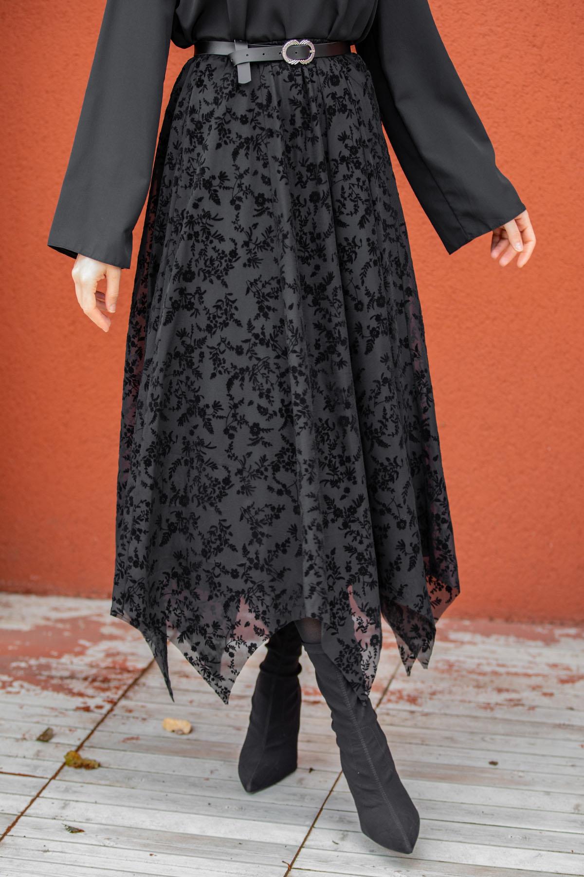 Baskılı Tül Parçalı Asimetrik Kesim Etek-Siyah