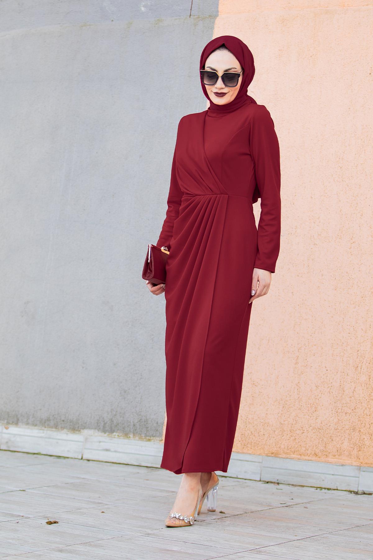 Bel Drape Pileli Özel Gün Elbisesi-Bordo