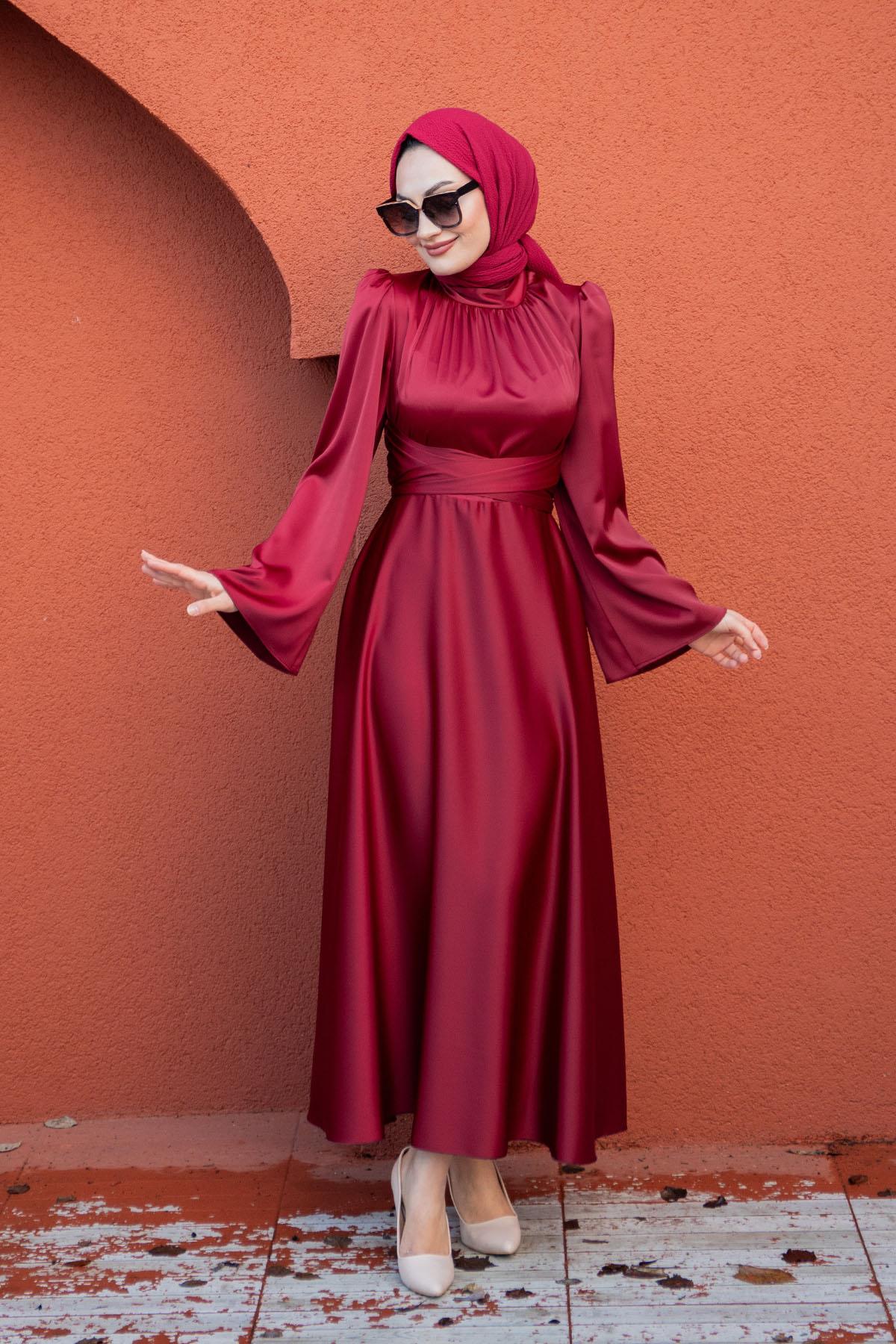 Bel Geniş Bağlamalı Saten Abiye-Bordo