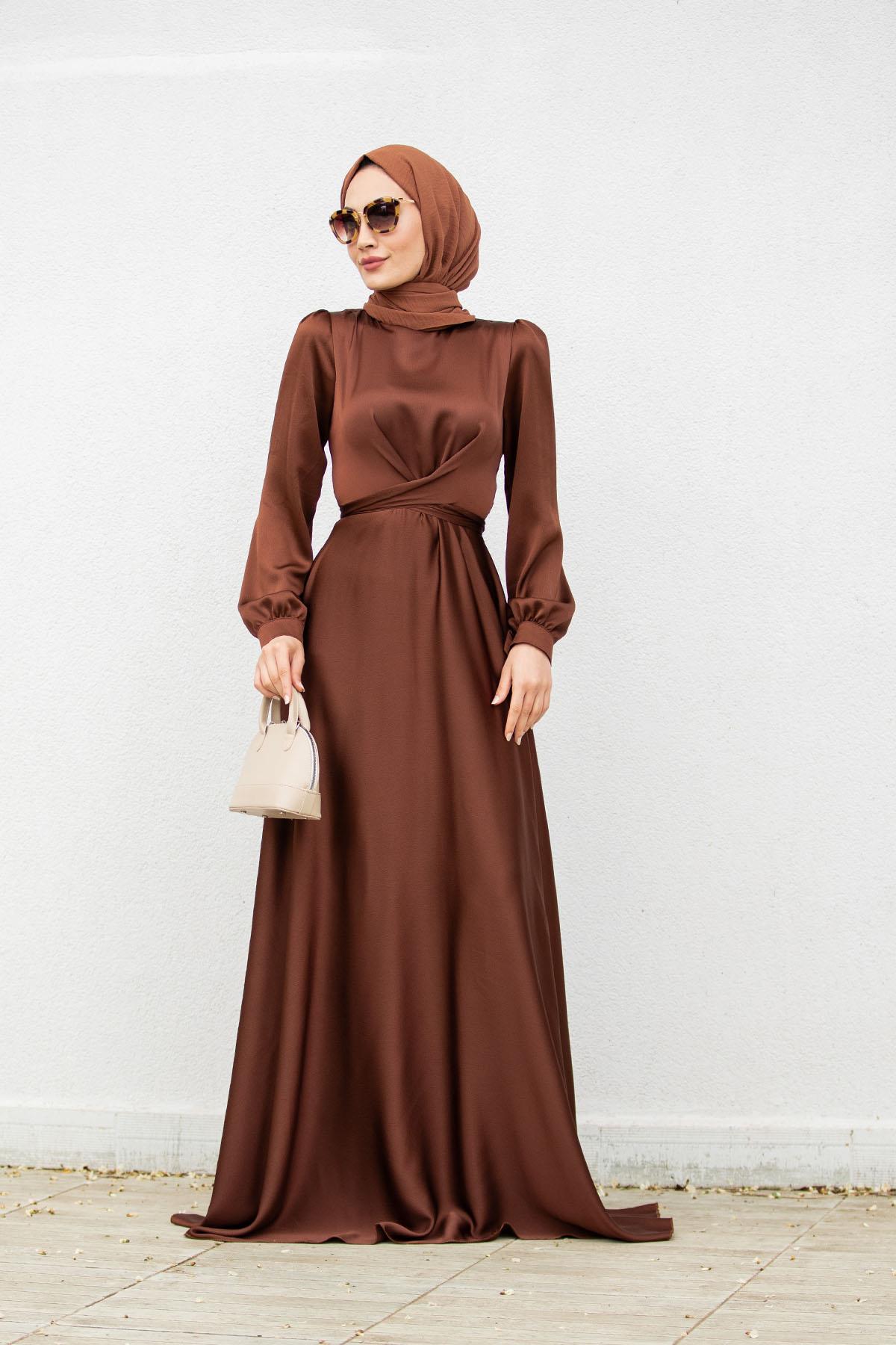 Bel Kruvaze Bağlama Uzun Saten Abiye-Kahve