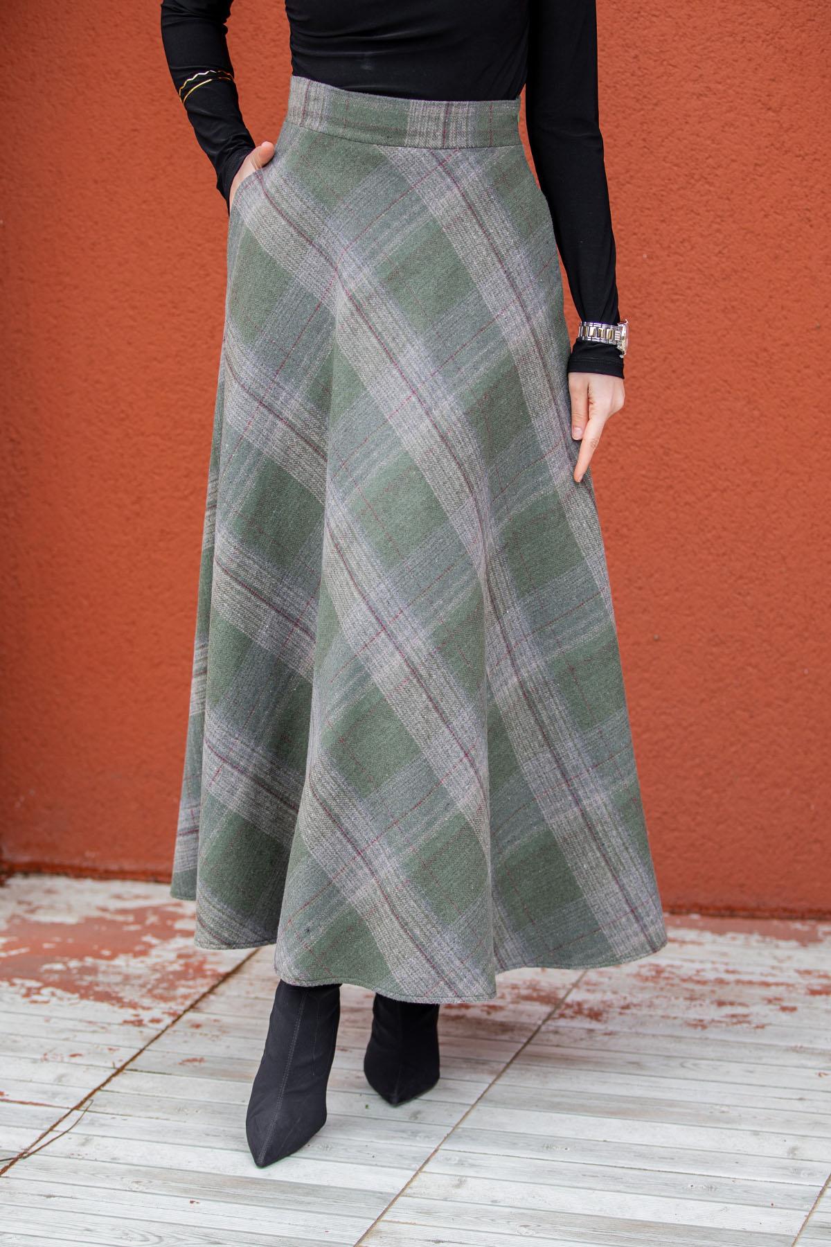 Biss Cep Detaylı Ekose Etek-Haki