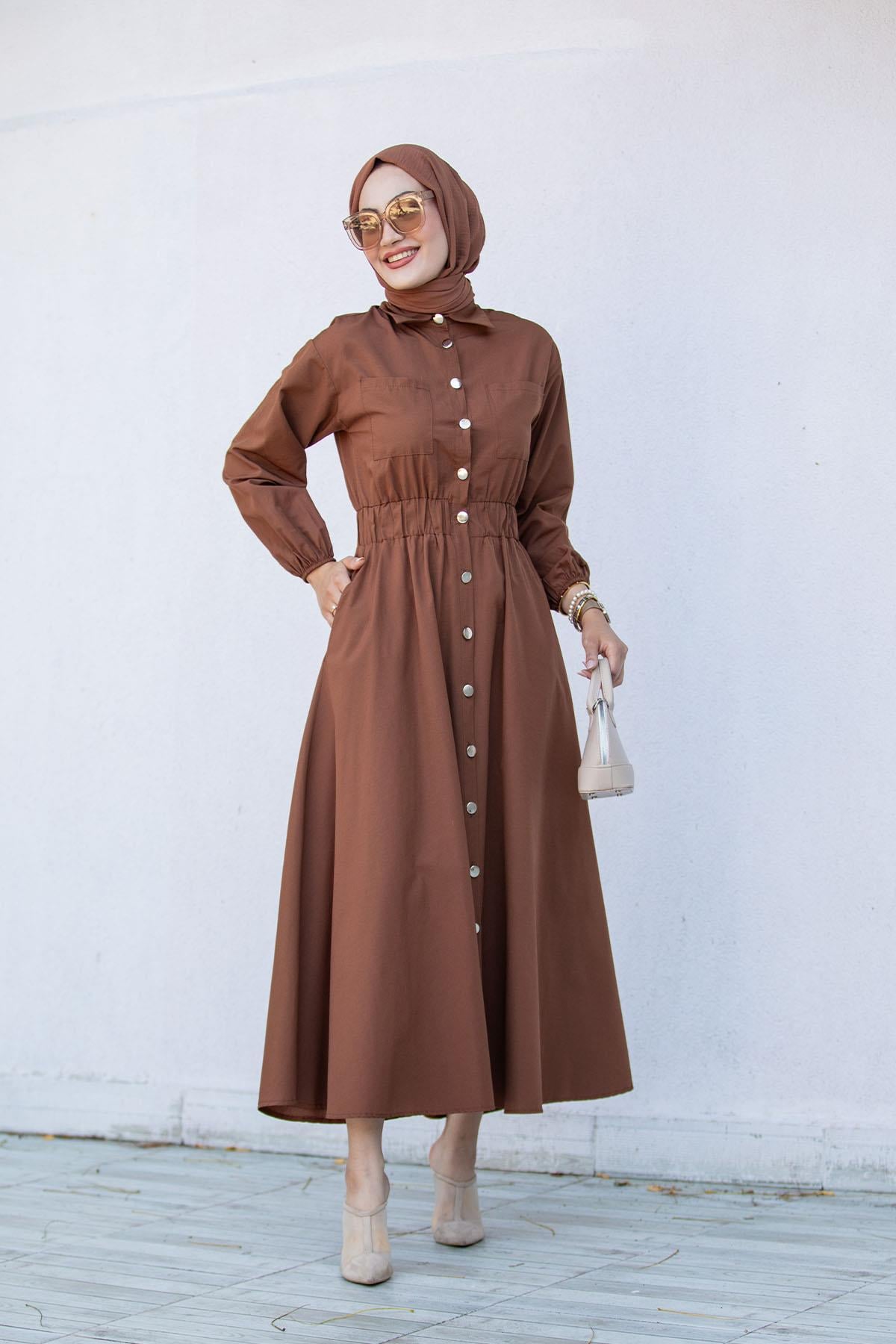 Boydan Düğmeli Pamuk Cotton Elbise-Kahve