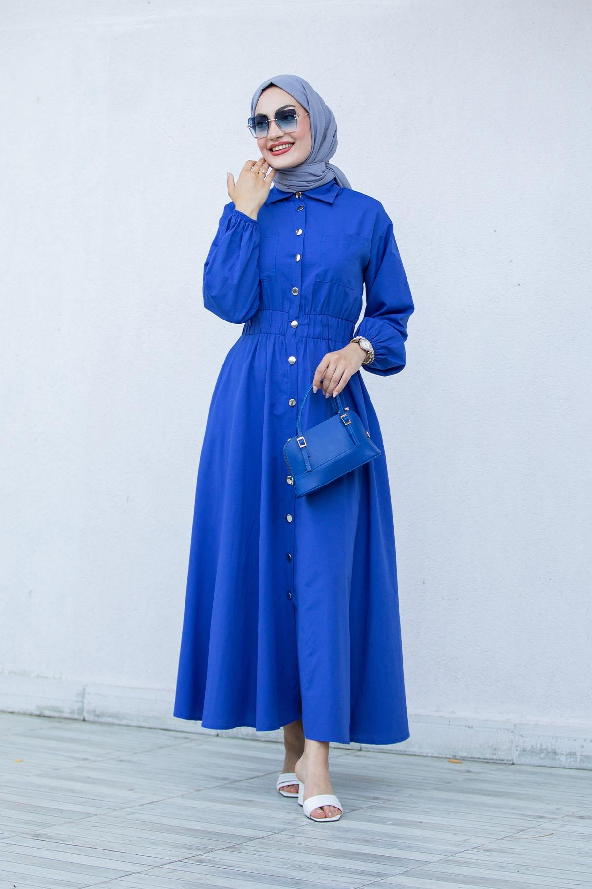 Boydan Düğmeli Pamuk Cotton Elbise-Mavi