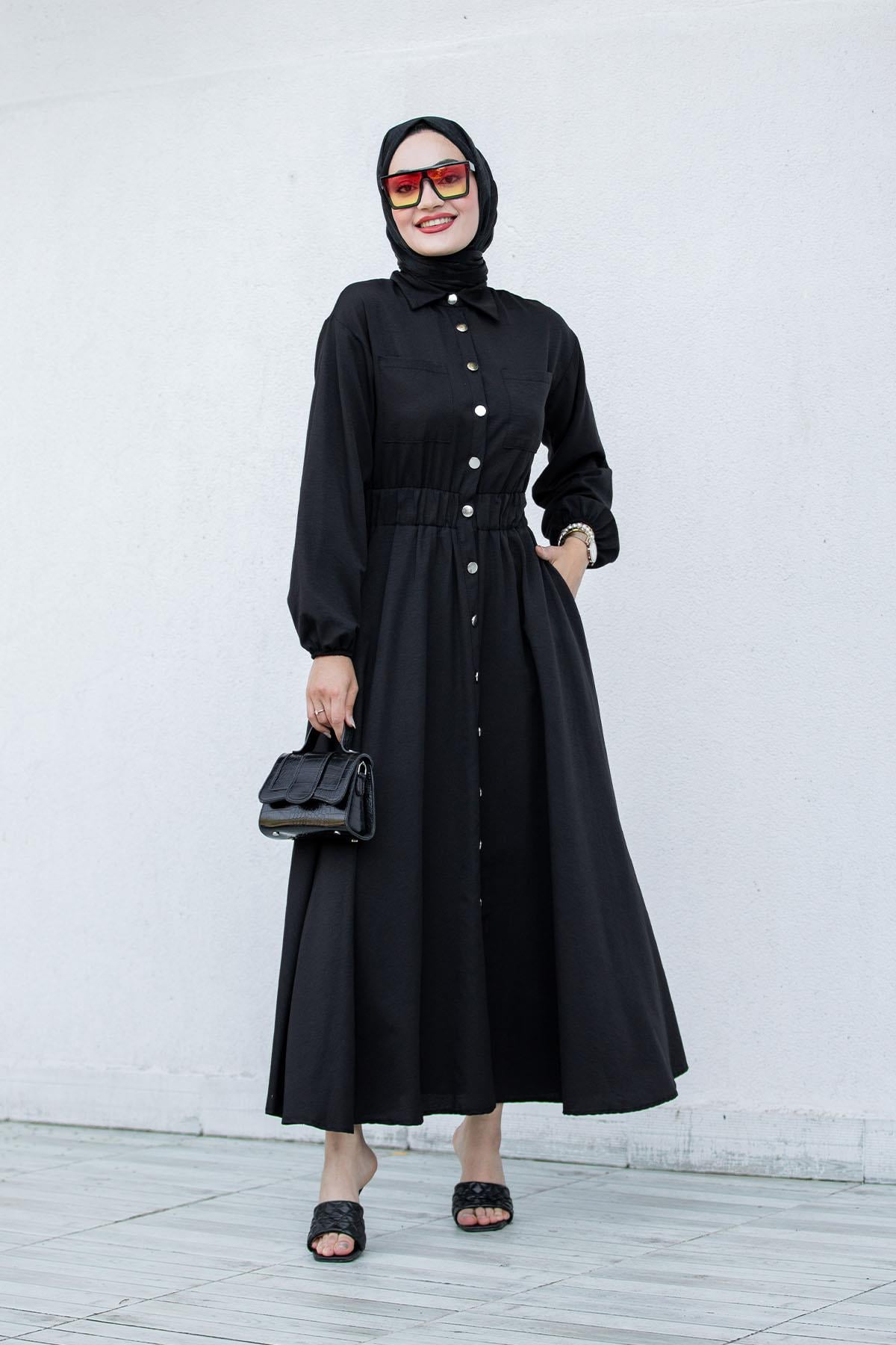 Boydan Düğmeli Pamuk Cotton Elbise-siyah