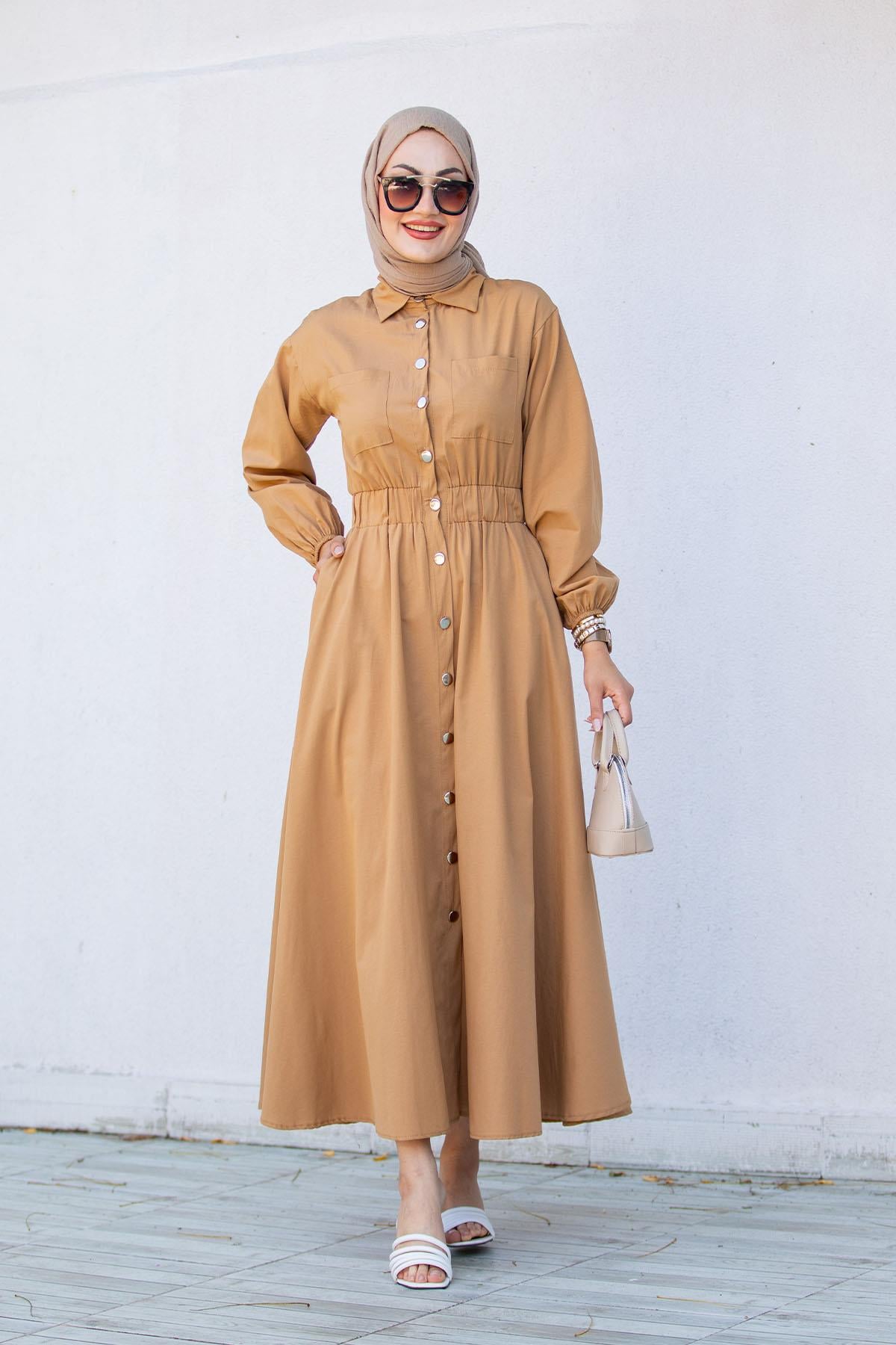Boydan Düğmeli Pamuk Cotton Elbise-Taba