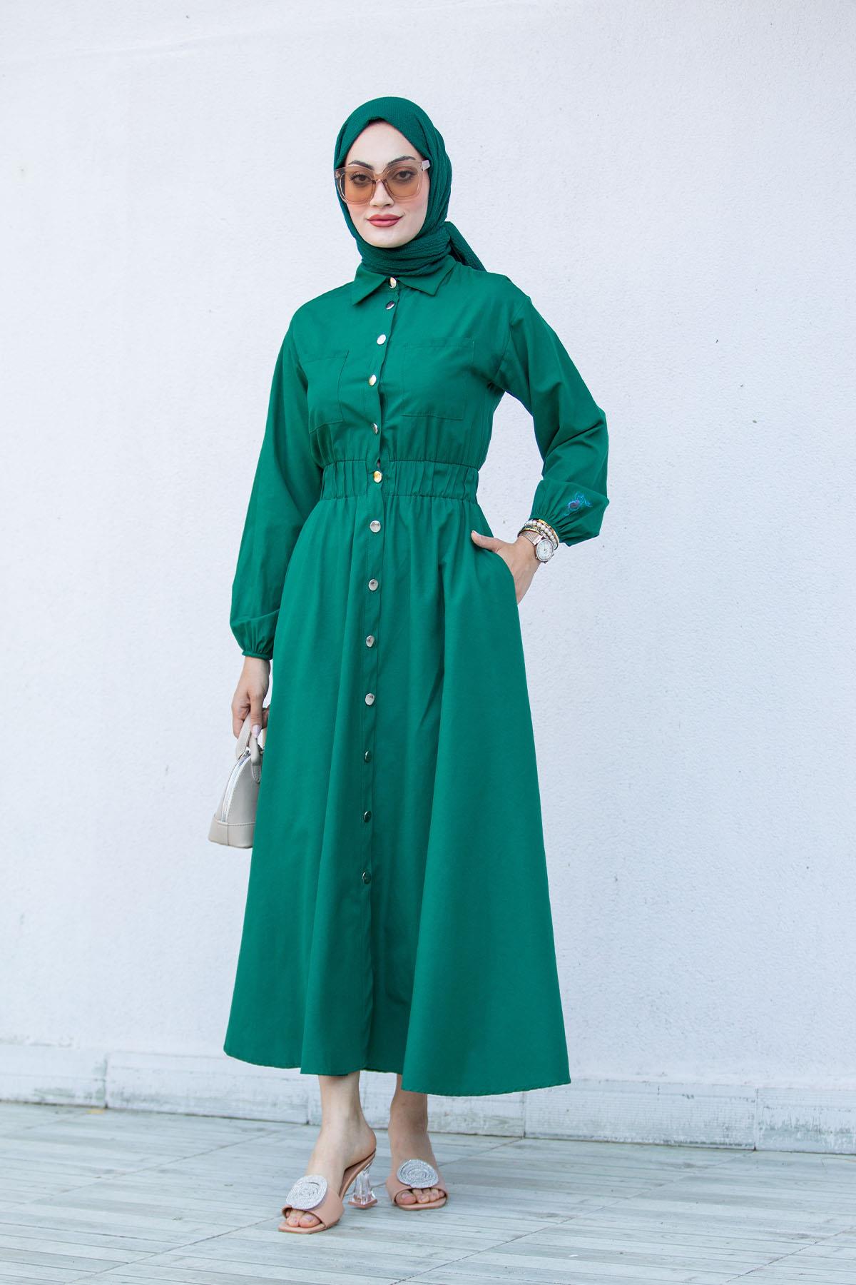 Boydan Düğmeli Pamuk Cotton Elbise-zümrüt