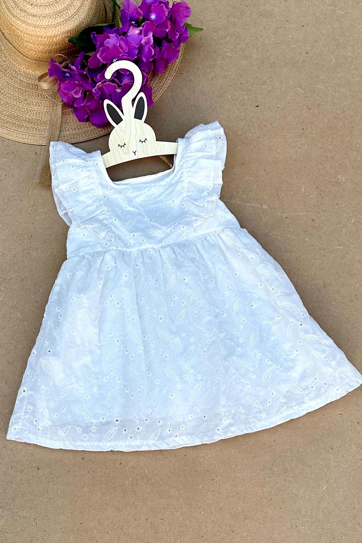 Brodeli Fırfırlı Elbise-Beyaz