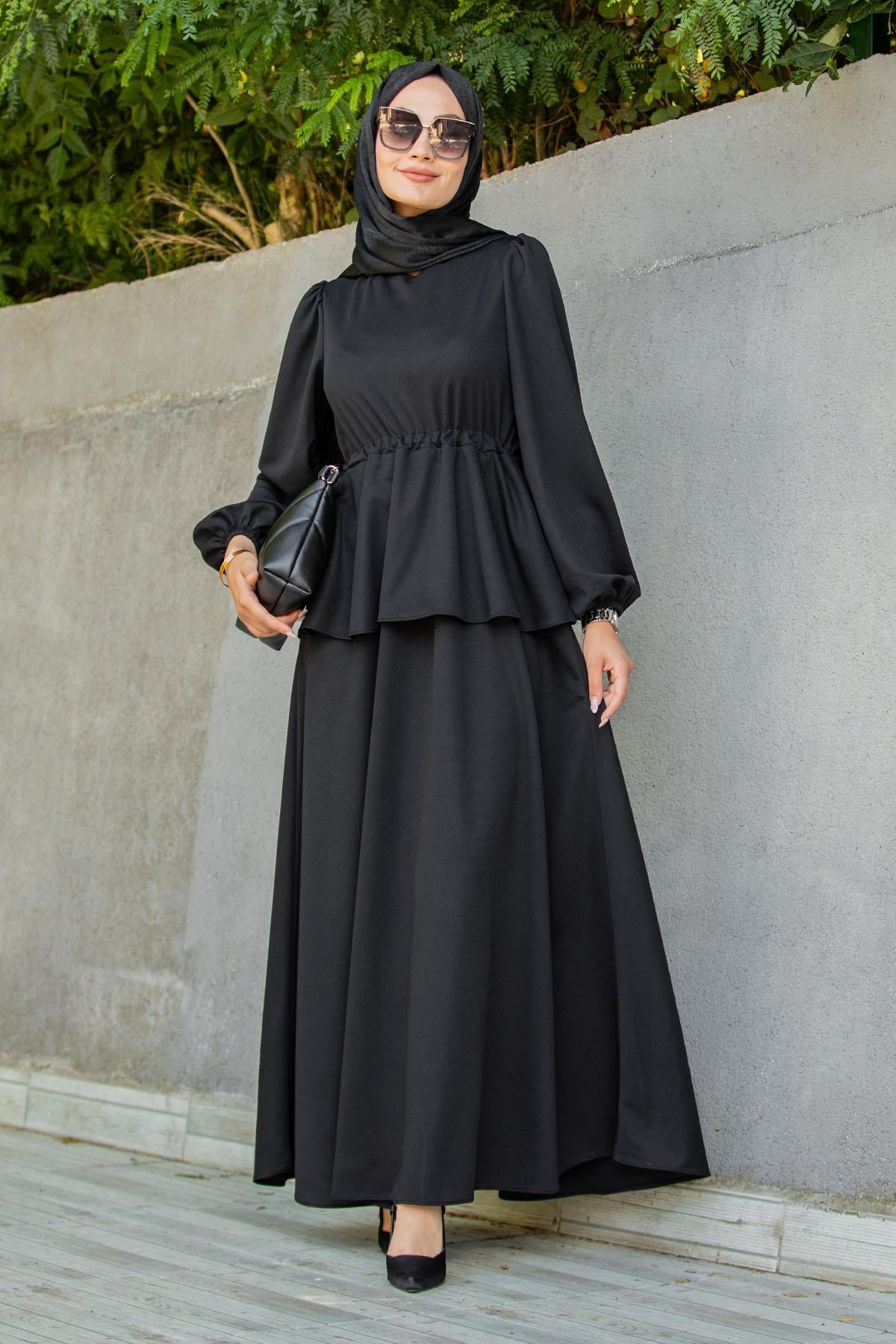 Cenny Eteği Katlı Scuba Krep Elbise-Siyah