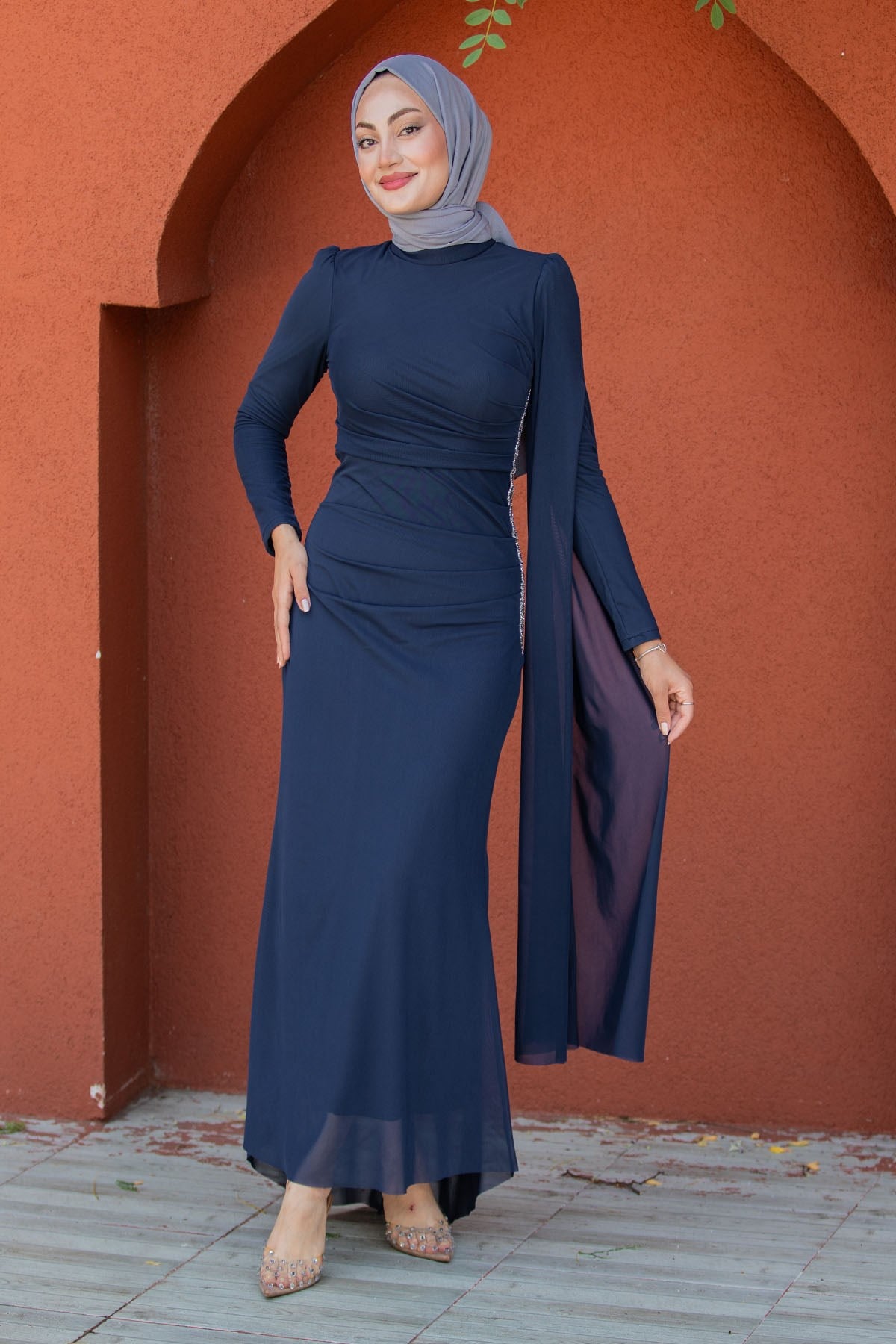 Ceyli Lycra Tül Drapeli Abiye-Laci
