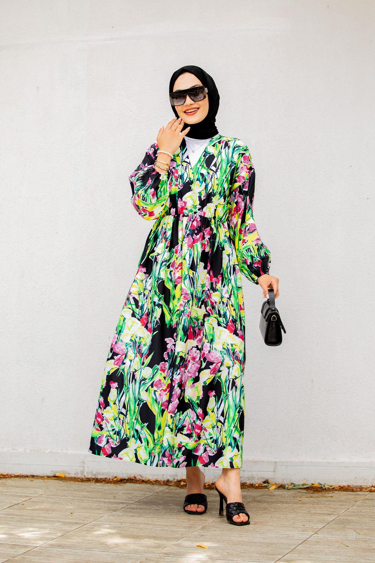 Çok Renkli Pamuk Cotton Elbise-siyah