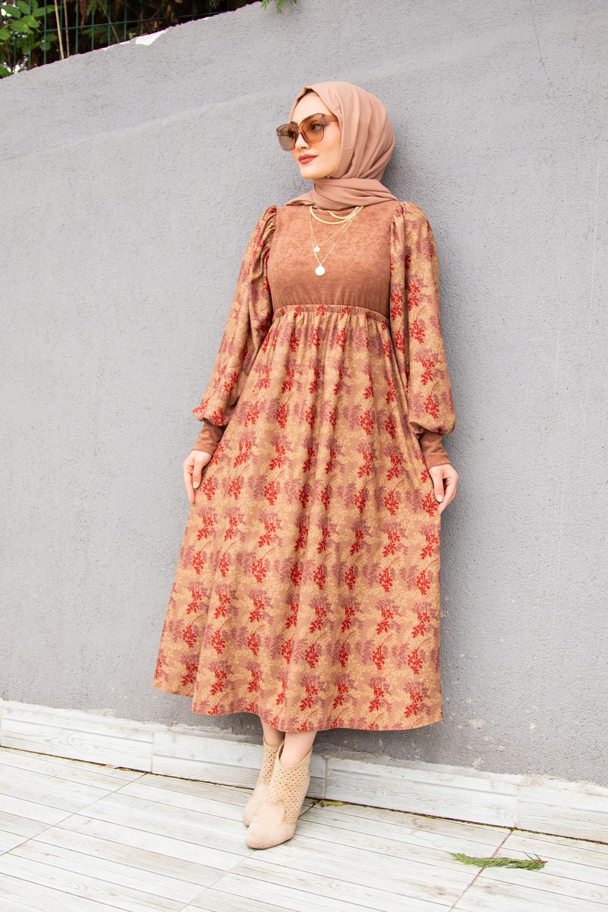 Desenli Kadife Kışlık Elbise-Taba