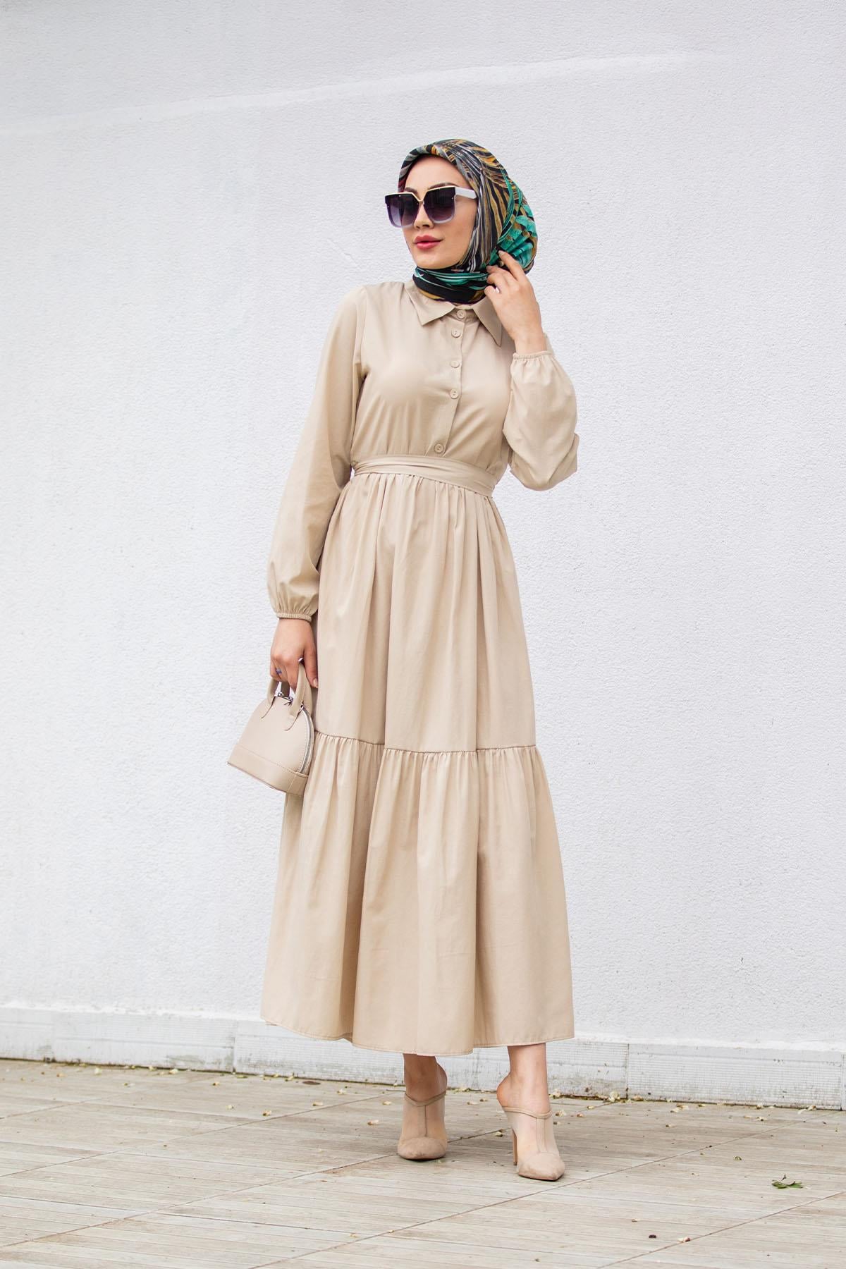 Düğmeli Pamuk Cotton Elbise-Bej