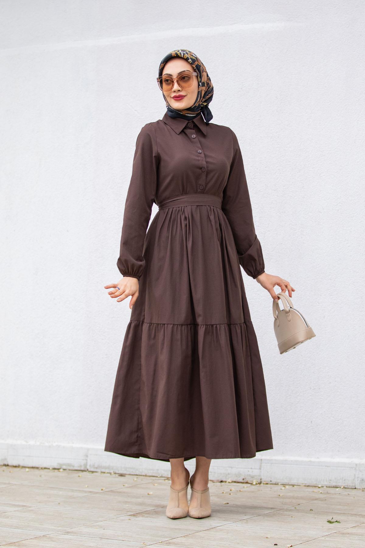 Düğmeli Pamuk Cotton Elbise-Kahve