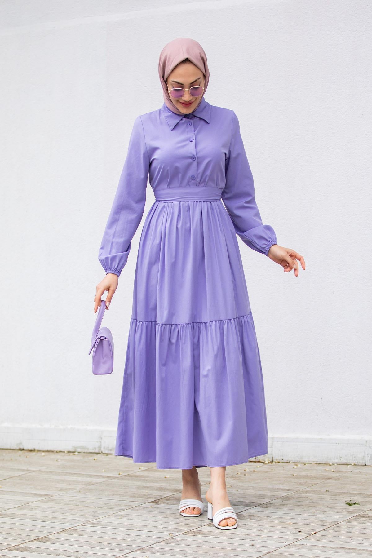 Düğmeli Pamuk Cotton Elbise-Lila