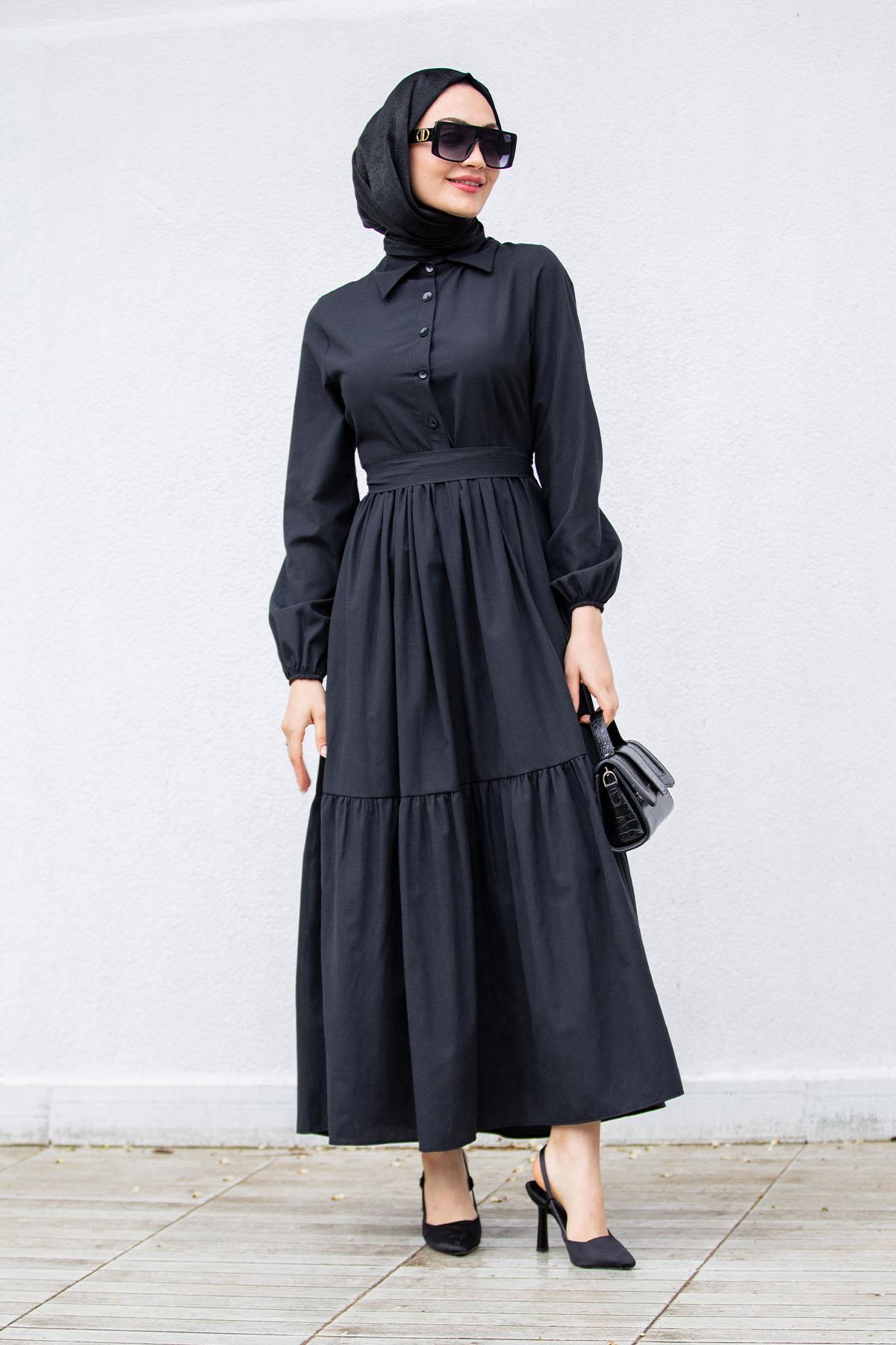 Düğmeli Pamuk Cotton Elbise-Siyah