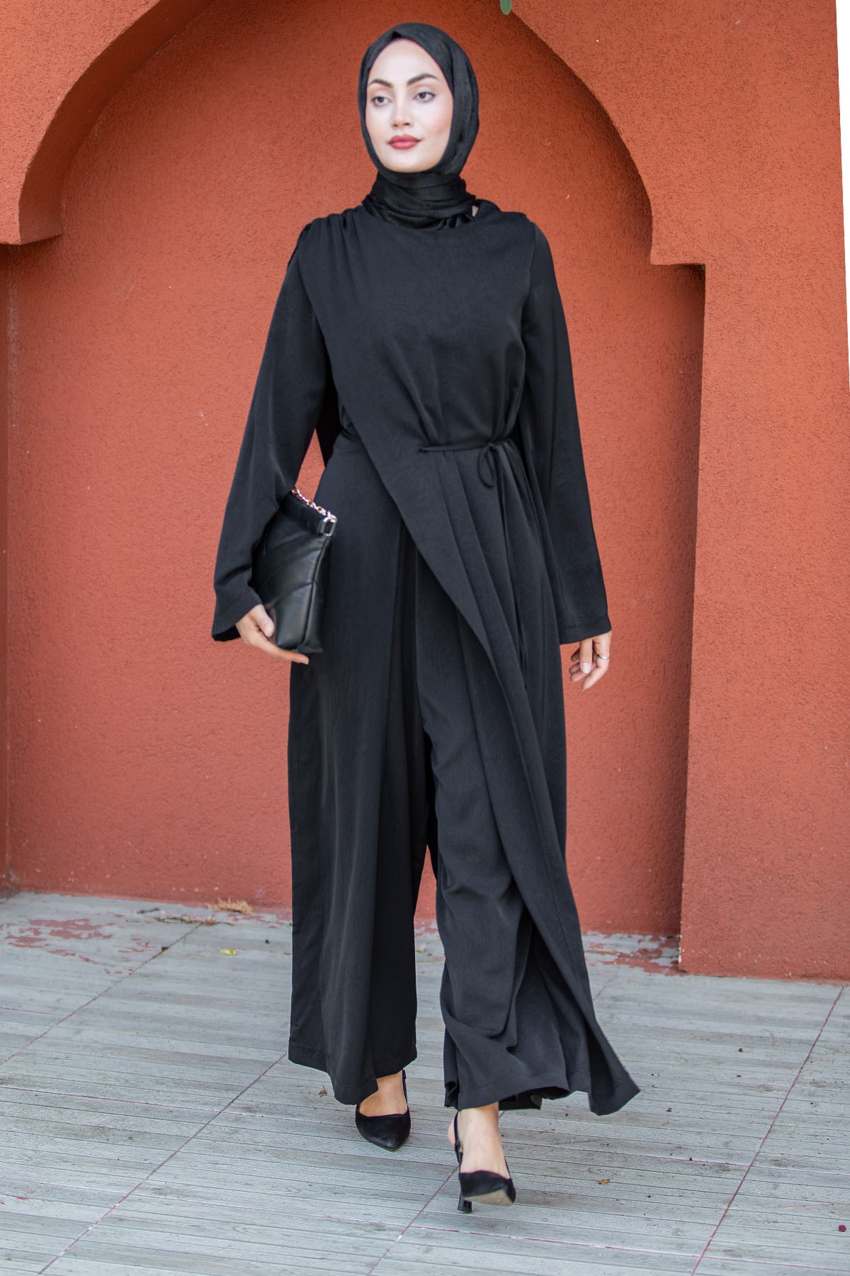 Eliz Katlı Krinkıl Krep Tesettür Tulum-Siyah