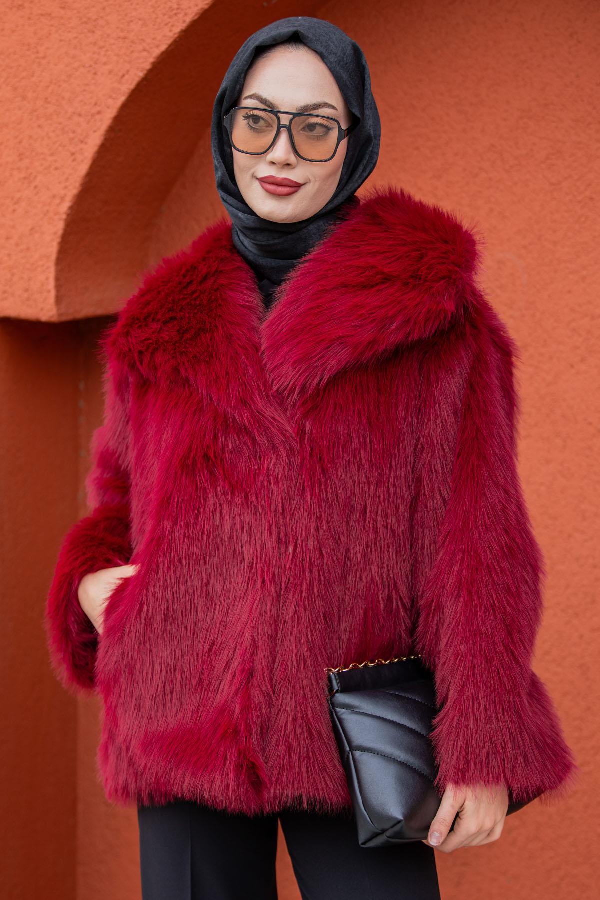 Geniş Yakalı Astarlı Suni Kürk Kaban-Bordo