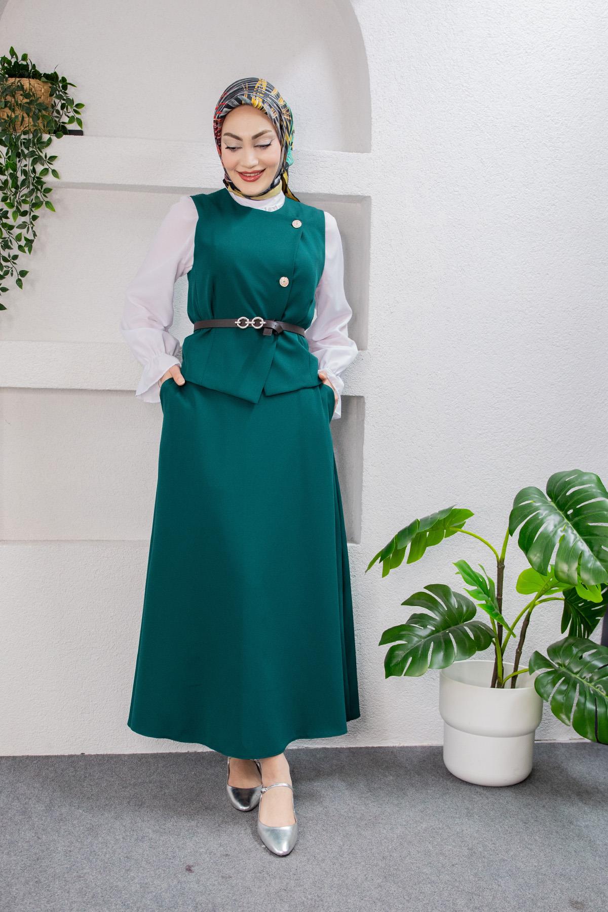 Hedy Kemerli Yelek Etek Takım-Petrol