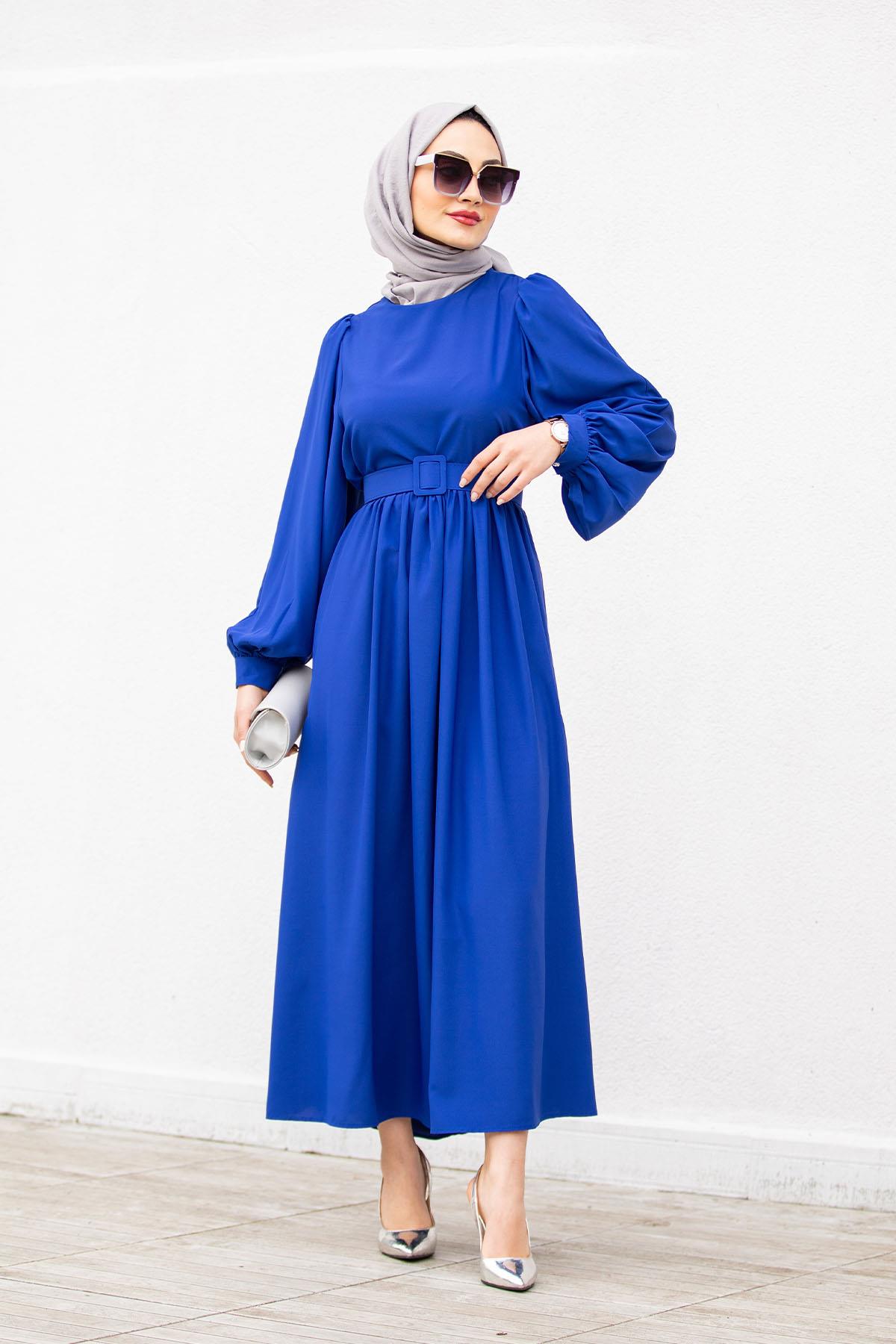 İpek Krep Kemerli Elbise-Saks