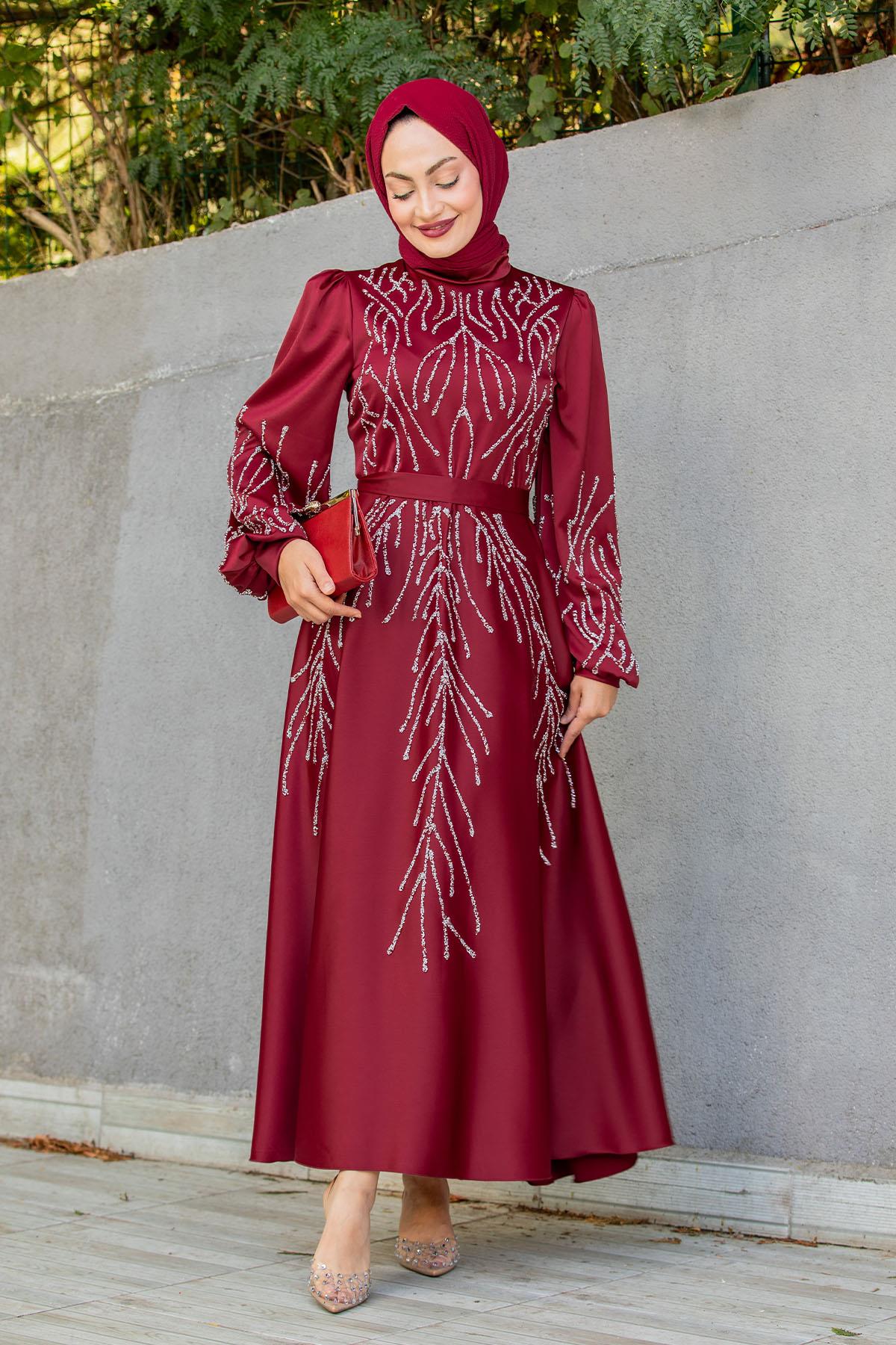 İvy Boncuk Eva Nakışlı Saten Abiye-Bordo