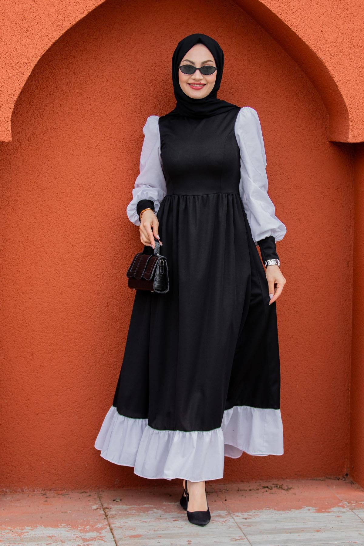 Jade beyaz garnili elbise-Siyah
