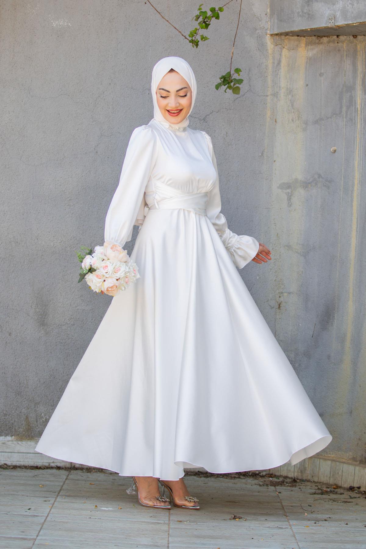 Jade Manşet Fırfılı saten abiye-Beyaz