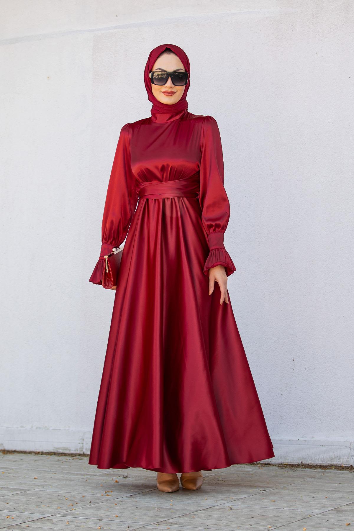 Jade Manşet Fırfılı saten abiye-Bordo