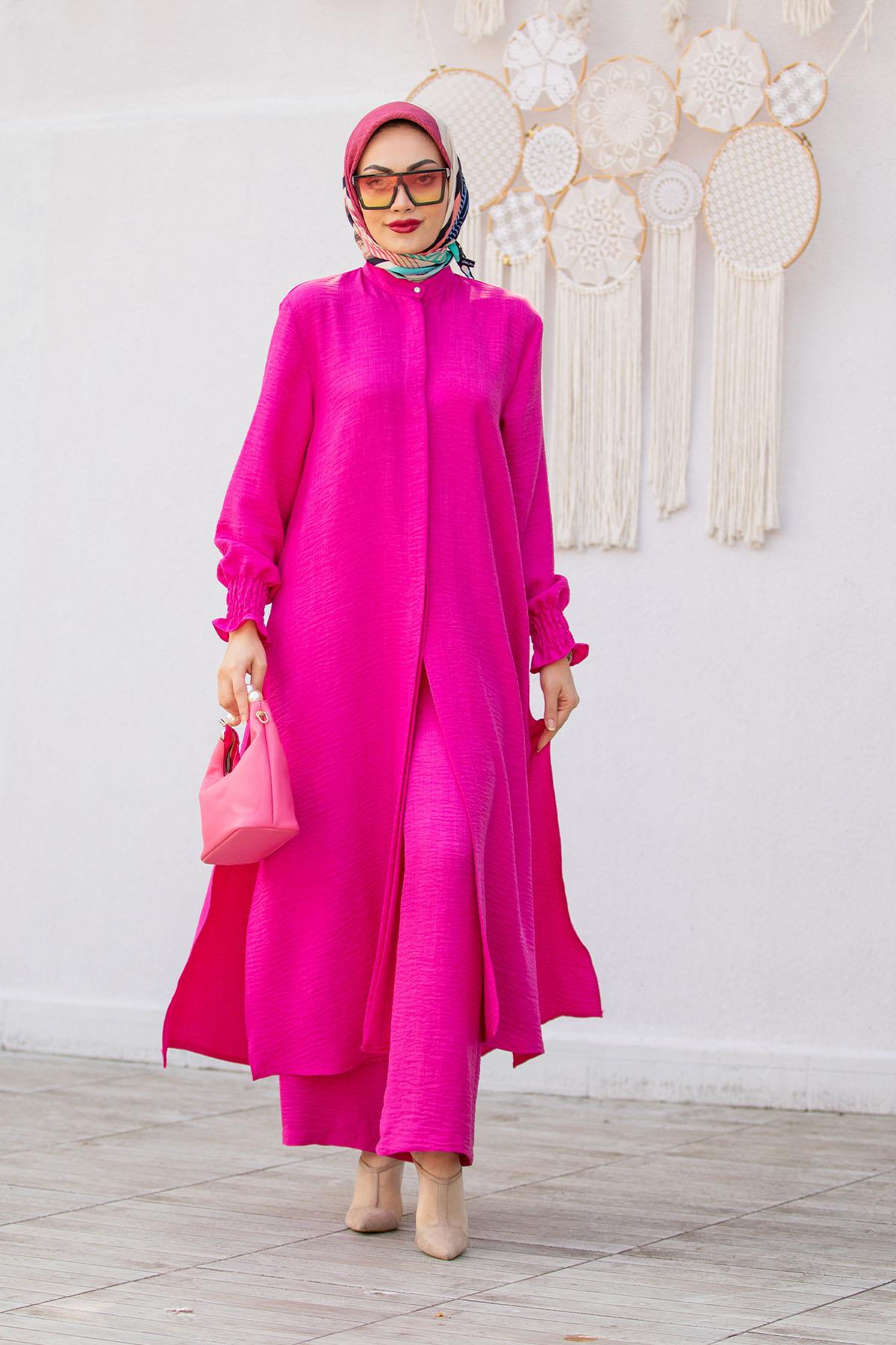 Keten Uzun Tunikli Pantolonlu Takım-Pembe