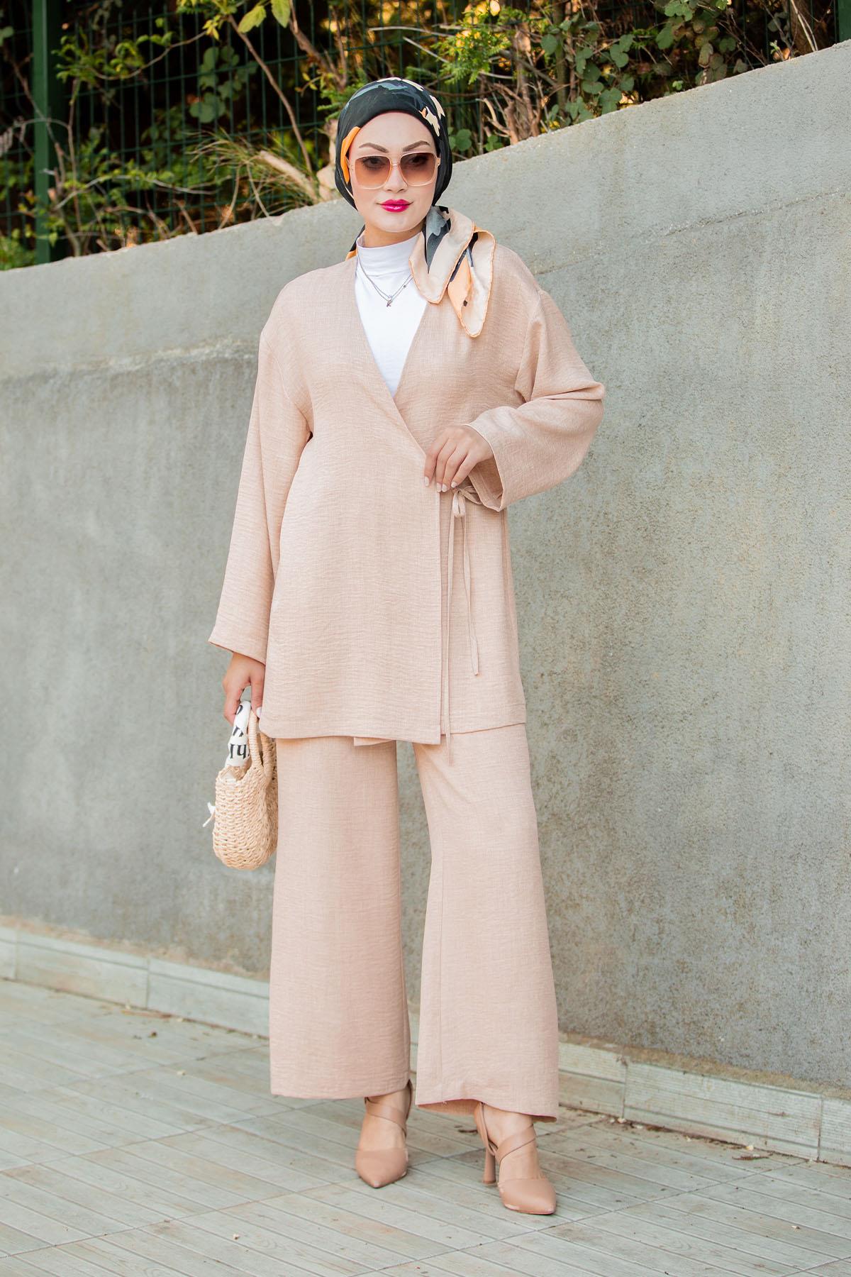 Kimono Pantolon Keten Takım-Bej